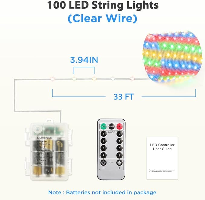 Battery Operated String Lights, 33ft 100 LED Fairy String Lights Battery Powered w/Remote & Timer for Indoor Outdoor Christmas Trees Wreath Decoration Bedroom Patio - Multicolor