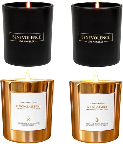 Benevolence LA Scented Candle Gift Set – 4-Pack Soy Candles with Wood Wicks – Rose & Sandalwood, Wild Lavender, Eucalyptus & Chamomile, Lemongrass & Basil – 8oz Each – Aromatherapy & Home Fragrance
