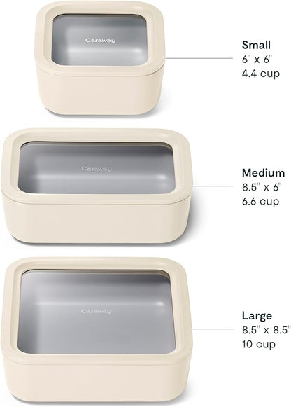 Caraway 3pc Glass Food Storage Set – 10 Cup, 6.6 Cup, & 4.4 Cup Food Containers - Ceramic Coated - Non Toxic Non Stick Lunch Box with Glass Lids - Dishwasher, Oven, & Microwave Safe - Cream