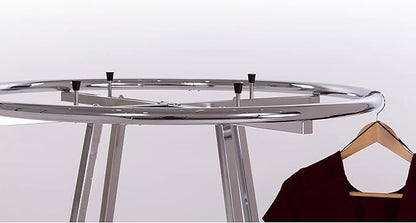 Econoco Folding Round Garment Rack, Adjustable Height Retail Display, Chrome Finish (36" Rack with Grid Top Basket)