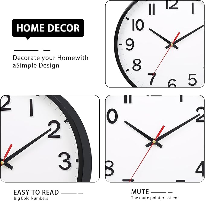 Wall Clocks Battery Operated 10 inch Modern Wall Clock,Silent Non Ticking Wall Clock for Living Room Bedroom Kitchen Office Classroom Decor (White and Black)
