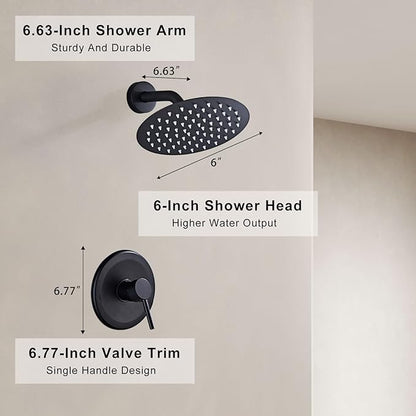 HUCKLE Shower Faucet Set with Shower Head, 6-Inch Black Shower Faucet with Valve, Single-Handle Rainfall Shower Head, Matte Black Shower Head for Bathroom
