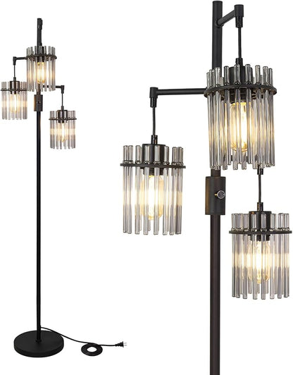 Industrial Modern Floor Lamps for Living Room, Dimmable Glass Tree Standing Tall Lamps with 3 Elegant Teardrop Cage Head & 800 Lumens LED Bulbs for Bedroom Office (66inch Tall)