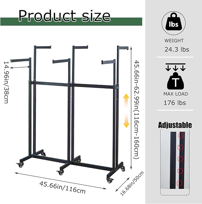 Metal Clothing Rack, 6 Arms Clothes Display Racks with Wheels, Adjustable Floor Standing Garment Rack From 46.85" to 64", Portable Retail Display Stand for Boutique Stores (Black, 6 Arm/45.66in)