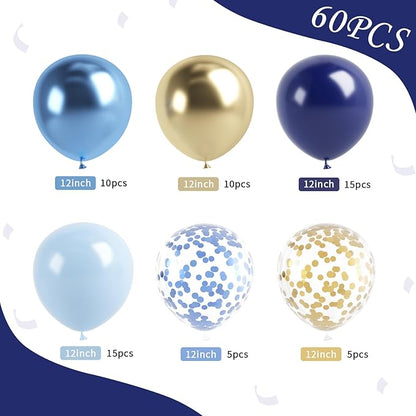 Navy Blue Gold Balloon, 60 Pcs 12 Inch Metallic Blue and Macaron Blue Balloons with Metallic Gold Confetti Balloons for Baby Shower Birthday Party Decorations Wedding Bridal Graduate