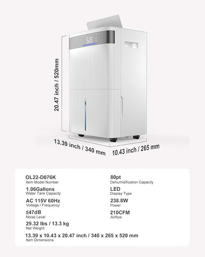 VEVOR 80 Pints Dehumidifier for Home & Basement, 4500 Sq.Ft Large Coverage, Drain Hose for Commercial & Industrial Use, Smart Humidity Control, Low Noise for Warehouses, Bathroom, Bedrooms & Storage