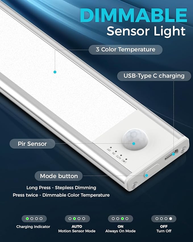 libtit 6Pack LED Under Cabinet Lighting USB Rechargeable, Motion Sensor Light Indoor Battery Operated, Wireless Magnetic Closets Lights for Wardrobe Stair Kitchen Pantry-23cm