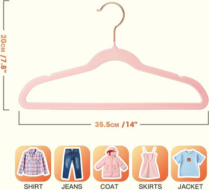 Kids Hangers 50 Pack,14 Inch Kids Velvet Hangers Slim & Space-Saving,Baby Clothes Hangers with 360 Swivel Hook,Heavy Duty Hanger for Infant & Childrens Coats, Pants,and Dress (Pink)