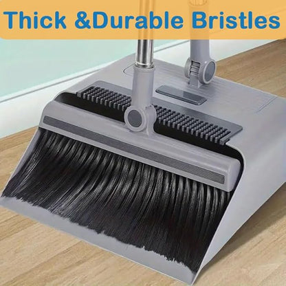 Broom with Dustpan Combo Set, 3 in 1 for Sweeping Indoor and Push Broom Outdoor with Dust Pan, 14.2 to 48.8 inch Adjustable Long Handle Broom and Dustpan Set (Light Grey)