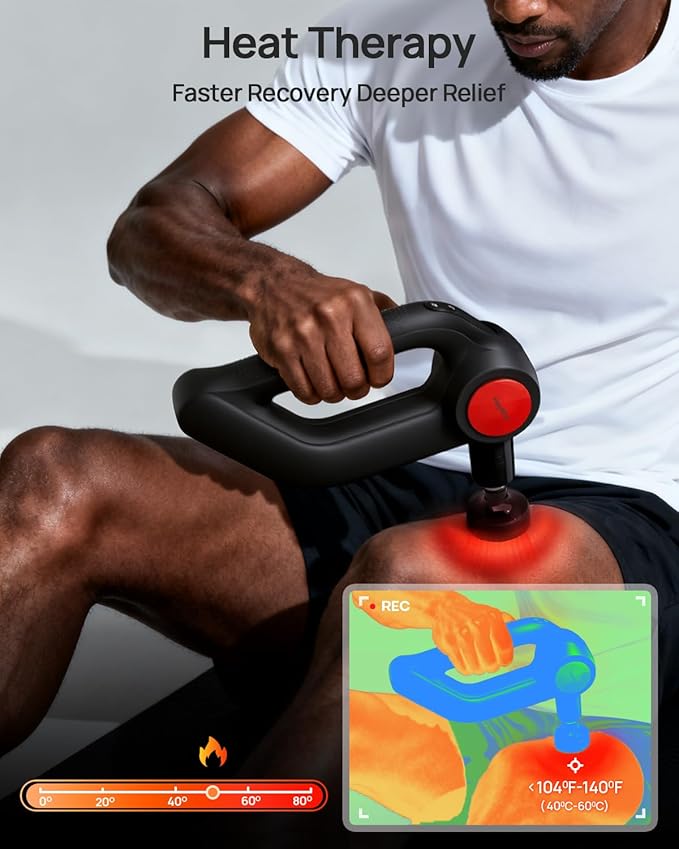Massage Gun Deep Tissue with Heat Therapy, 12mm Amplitude Muscle Massager for Athletes, 5 Speeds & 4 Modes Massager Gun for Neck Back Shoulder Leg Pain Relief - Ideal Gift for Men, Black