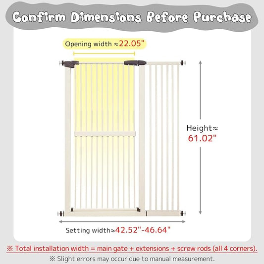 Lumizone Extra Tall Cat Gate 61.02" High Pressure Mounted Extra Wide 42.52"-46.64" (17Sizes) 1.37" Gap No Drilling Auto-Close Tall Pet Gate for Dogs (Cream, 42.52"-46.64" W)