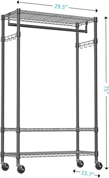 IZEUK Heavy Duty Rolling Garment Rack with 3 Adjustable Wire Shelves, Hanging Rod & Side Hooks - Mobile Clothes Rack with Wheels, 29.5" W x 15.7" D x 75" H, Black