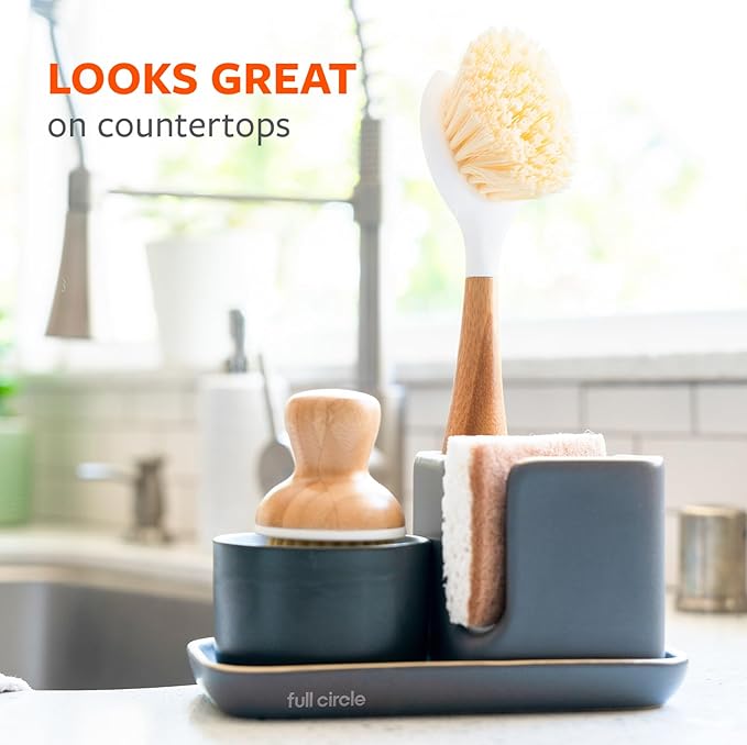 Full Circle Be Good-Bamboo Handle Dish Brush–Sustainable Kitchen Cleaning with Tough Bristles-Natural Dish Scrubber,Nonstick & Cast Iron Cleaner-Long Handle Brush for Dishes,Pots, and Pans,White