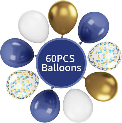 Navy Blue and Gold Balloons, 60Pcs Night Blue Gold Balloons, 12 Inch Metallic Gold Blue Confetti Balloons White Latex Balloons for Boys Birthday Baby Shower Wedding Graduation Party Decorations