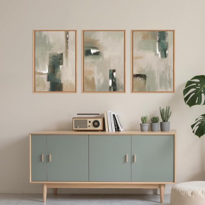 Large Abstract Green Brown Framed Canvas Wall Art,Modern Brush Stoke Wall Decor,Neutral Beige Grey Wall Painting,Rustic Minimalist Artwork for Living Room,Bedroom,Dining Room,Office -24"x36"x3