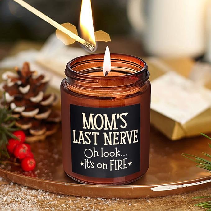 Mom's Last Nerve Candles - Fun Birthday, Mothers Day Gifts from Daughter, Son - Best Funny Stress Relief, Relaxing Gifts for Women, Wife, New Mom - Jasmine Scented Soy Wax Jar Candle for Home