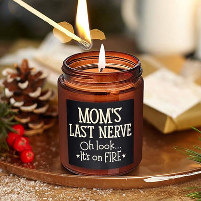 Mom's Last Nerve Candles - Fun Birthday, Mothers Day Gifts from Daughter, Son - Best Funny Stress Relief, Relaxing Gifts for Women, Wife, New Mom - Jasmine Scented Soy Wax Jar Candle for Home