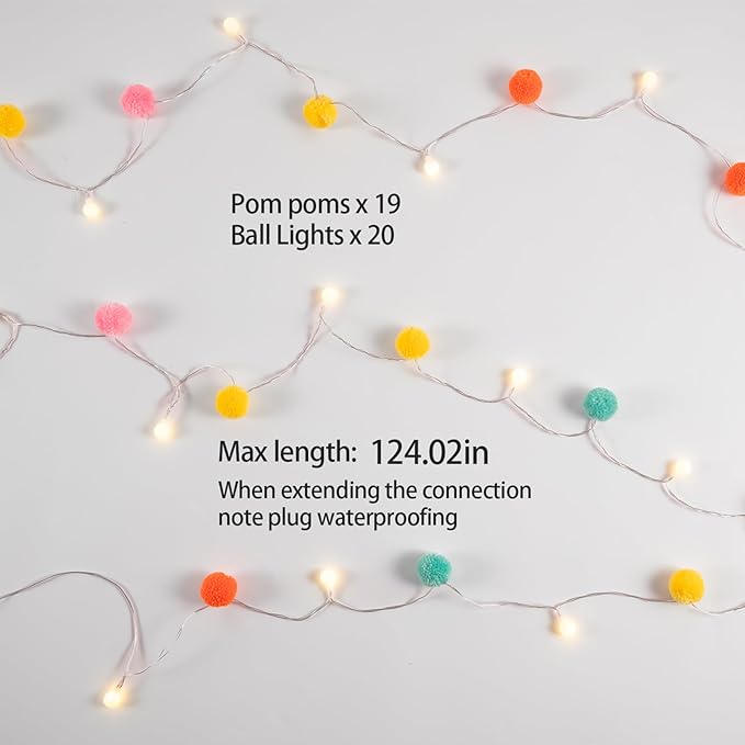 LED Pom Poms Fairy Lights - 21Feet, 20 LED, Battery Operated, Warm White Globe Lights Cute for Home,Kids Playhouse, Holiday, Christmas, Kids Room Party Birthday Wedding Valentines Decorations