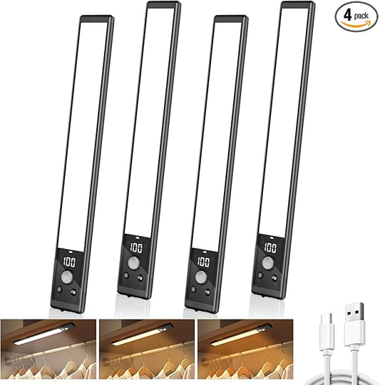 4 Pack 10" Under Cabinet Lights with Digital Display,52 LED Rechargeable Motion Sensor Light Indoor,3 Color Temperatures, Magnetic Dimmable Closet Lights, Under Counter Light for Kitchen