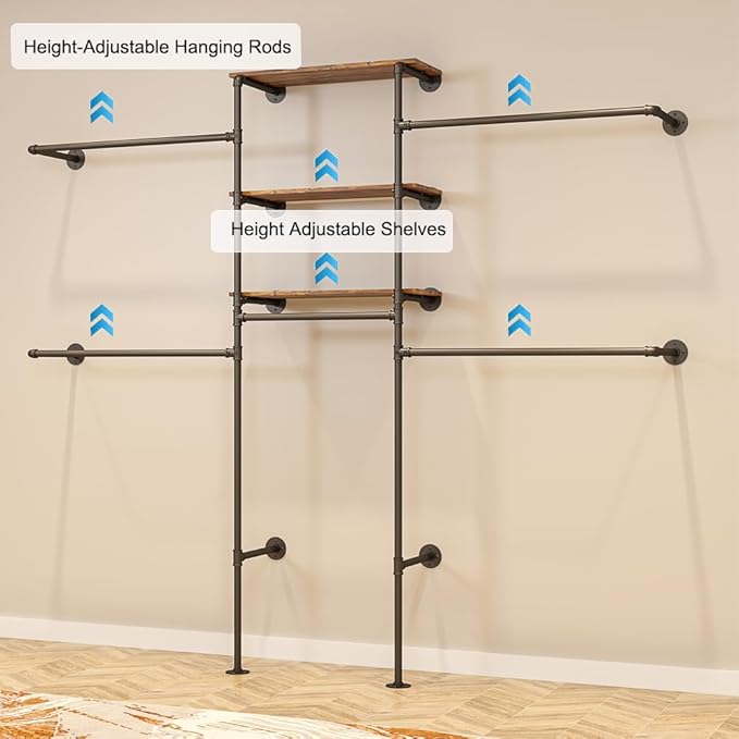 Industrial Pipe Clothing Rack - Heavy Duty Wall Mounted Clothes Rack, Corner Closet System, DIY Wardrobe Organizer with Shelves, Walk in Closet Storage (BLACK, 94.5")