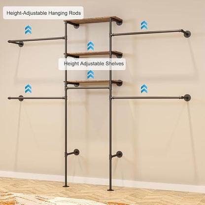 Industrial Pipe Clothing Rack - Heavy Duty Wall Mounted Clothes Rack, Corner Closet System, DIY Wardrobe Organizer with Shelves, Walk in Closet Storage (BLACK, 94.5")