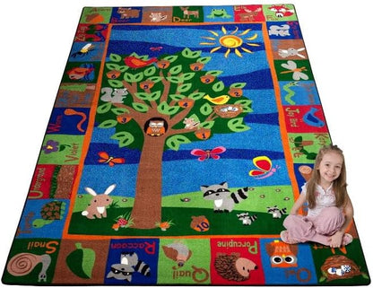 Forest Rug with Animal Alphabet, 7'6" x 12" Rectangle Educational Classroom Rug, Kids Learning Play Mat | Area Rug for Bedroom or Playroom