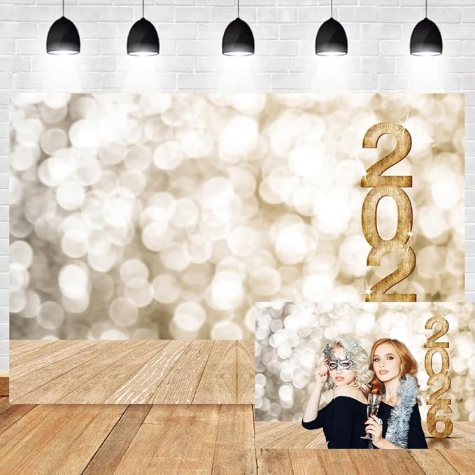 Leyiyi Happy New Year 2026 Background 20x10ft Photography Backdrops Wooden Bokeh Light Spot Dreamy Paillette Twinkle New Year Eve Christmas Family Party Adults Shooting Props