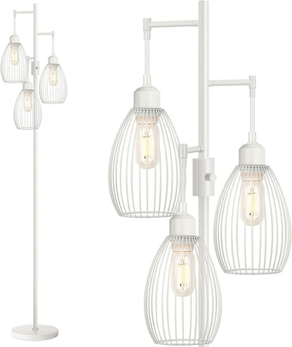 Dimmable Floor Lamp, 3 x 800LM LED Edison Bulbs Included, Farmhouse Industrial Floor Lamp Standing Lamp with Elegant Teardrop Cage Head Tall Lamp for Living Room Bedroom Office Dining Room - White