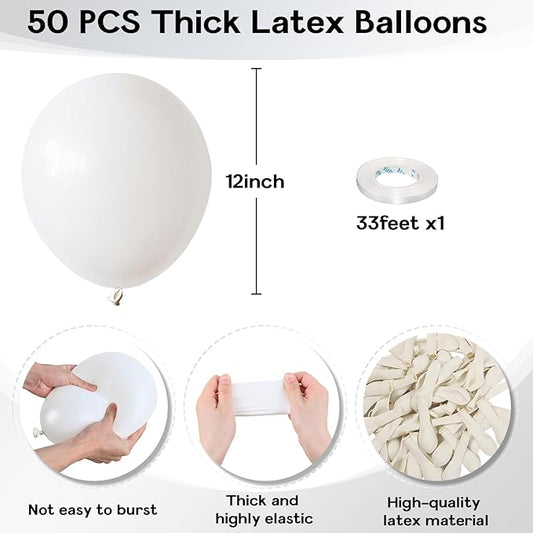 White Balloons 12 Inch, 50Pcs Matte Latex for Arch Party Helium Decorations - Birthday, Wedding, Baby Shower, Graduation, Anniversary