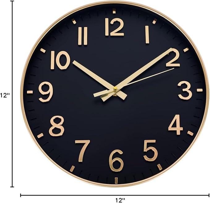 HZDHCLH Wall Clocks Battery Operated,Wall Clock Black Gold,12 inch Wall Clock Silent Non Ticking Modern 3D Numbers for Kitchen Bedroom Living Room Office Classroom Decor