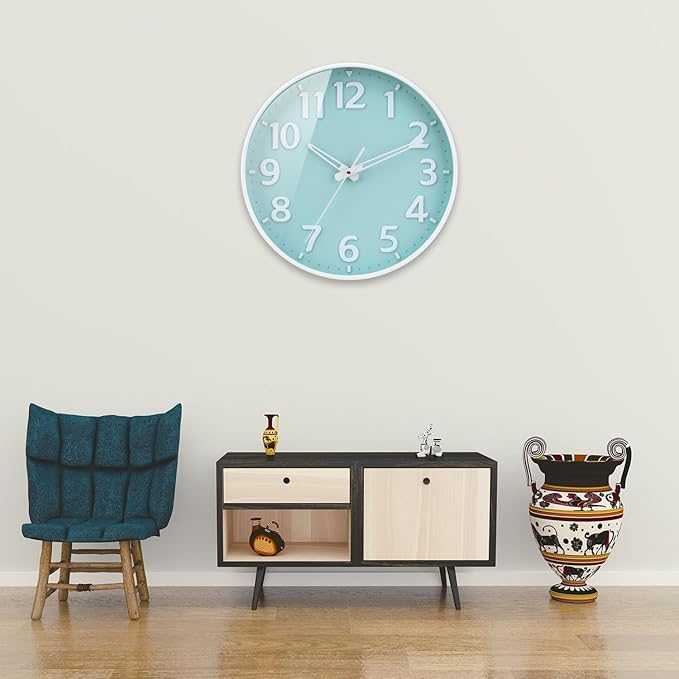 Wall Clock 12 Inch 3D Large Number Battery Operated Silent Non-Ticking Wall Clock Modern Quartz Design Decorative Indoor Bedroom Kitchen Office Classroom Mint Green