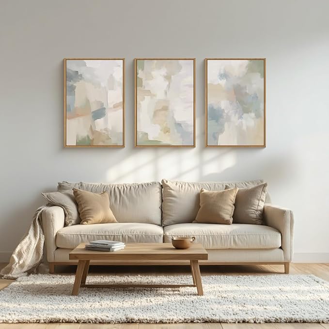 Large Abstract Gray Pastel Framed Canvas Wall Art Set,Neutral Watercolor Brush Stroke Wall Decor,Modern Minimalist Beige Illustration Artwork for Living Room,Bedroom,Dining Room -24"x36"x3