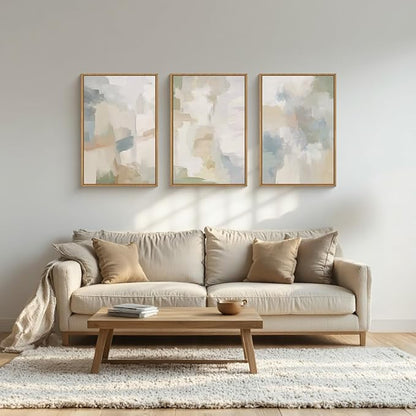 Large Abstract Gray Pastel Framed Canvas Wall Art Set,Neutral Watercolor Brush Stroke Wall Decor,Modern Minimalist Beige Illustration Artwork for Living Room,Bedroom,Dining Room -24"x36"x3