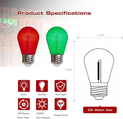 Jslinter Colored String LED Light Bulbs - 1 watt Plastic Outdoor Indoor S14 Bulbs for Christmas String Light Replacement - Shatterproof - E26 Base - 24Pack - Red/Green