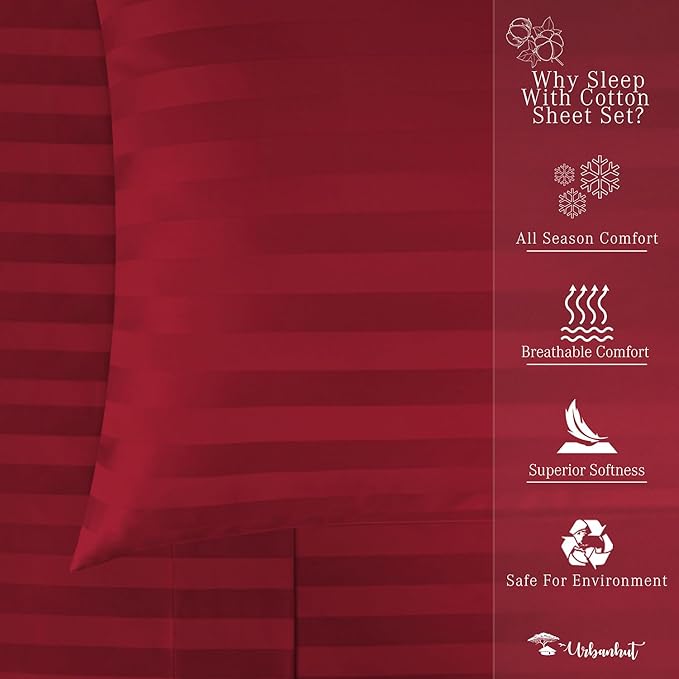 URBANHUT 800 Thread Count Egyptian Cotton Damask Striped Queen Size Sheets Set (4 Pc) - Ultra Soft & Smooth, Sateen Weave Queen Size Sheets, Luxury Hotel Sheets with 16" Deep Pocket - Burgundy