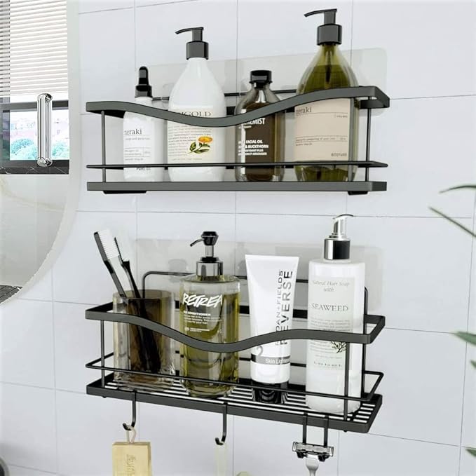KINCMAX Premium Shower Caddy, Self Adhesive Shower Organizer w/ 4 Hooks, No Drill Shelves for Inside Shower, Rustproof Stainless Steel Shower Rack for Bathroom, Matte Black