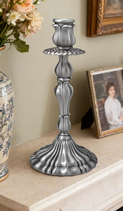 Taper Candle Holders, Vintage Embossed Candlesticks with Sleek Electroplated Finish, Modern Decorative Candle Holders for Dining Table, Party, Home Decor, Set of 2 (Antique Pewter)