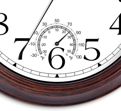 10 Inch Outdoor Wall Clock with Thermometers, Vintage Silent Wall Clocks Battery Operated, Retro Non-Ticking Clock Decorative for Living Room, Patio, Kitchen, Office, Bathroom, Bedroom(Bronze)