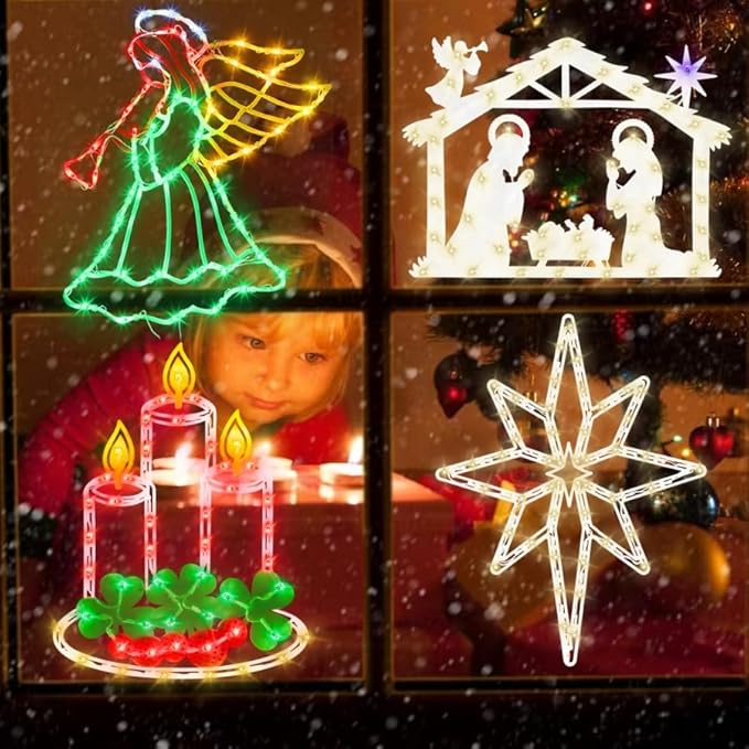 Christmas Decorations - 16" Christmas Window Silhouette Lights Decorations - 4 Pack Colour Lighted Angel ＆ Bethlehem Star ＆ Nativity ＆ Candle for Holiday Wall Door Window Decorate