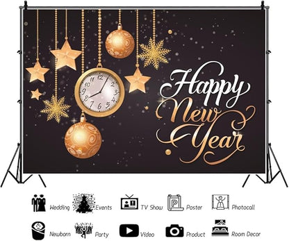 Leyiyi 10x6.5ft Happy New Year Backdrop Gold Clock Snowflake Vintage Eve Party Bokeh Halo Banner Glitter Sequin Luxury Star Photo Background Merry Christmas Portrait Shoot Vinyl Studio Props