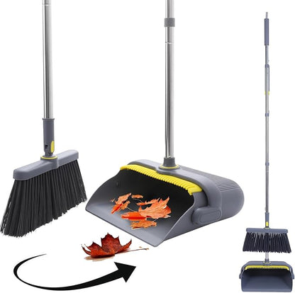 Upgrade Broom with Dustpan Combo Set Heavy Duty, Ergonomic Adjustable Handle, Cleaning Teeth, Ideal for Pets, Indoor and Outdoor Sweeping（Gray）