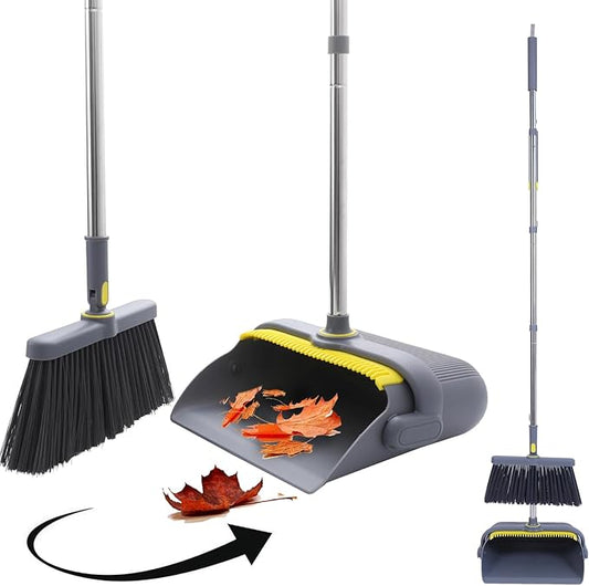 Upgrade Broom with Dustpan Combo Set Heavy Duty, Ergonomic Adjustable Handle, Cleaning Teeth, Ideal for Pets, Indoor and Outdoor Sweeping（Gray）
