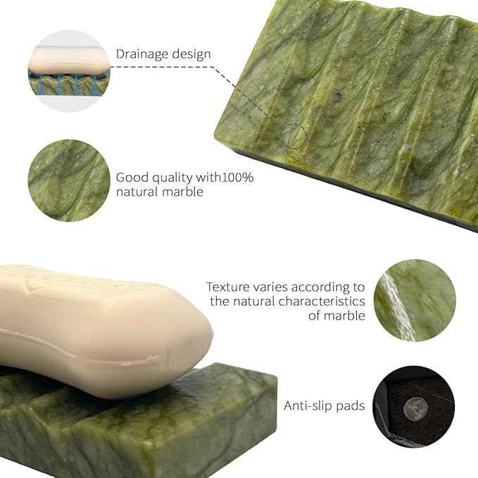 Real Marble Christmas Soap Dish for Shower - Stone Tray, Small Bar Soap Holder with Drainage | Non-Slip, Luxury Bath Room Accessories (Earth Green)