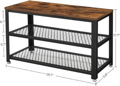 VASAGLE, 3-Tier Shoe Rack, Shelf Storage Bench with Metal Mesh Shelves and Seat, Free Standing Shoe Organizer for Entryway, 11.8 x 28.7 x 17.7 Inches, Rustic Brown and Black ULBS73X