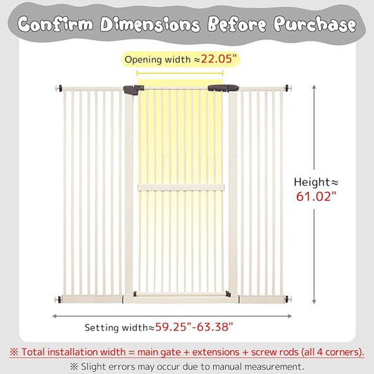 Lumizone Extra Tall Cat Gate 61.02" High Pressure Mounted Extra Wide 59.25"-63.38" (17Sizes) 1.37" Gap No Drilling Auto-Close Tall Pet Gate for Dogs (Cream, 59.25"-63.38" W)