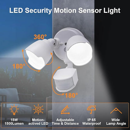 15W 1500 Lumen LED Security Lights with Motion Sensor Outdoor, 3000K/5000K Light, IP65 Waterproof, Dusk to Dawn, Dual-Head Motion Detected Flood Wall Light for Garage Yard Porch (White)