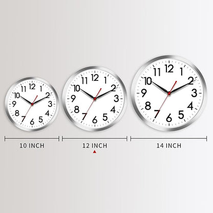 AKCISOT Wall Clock 12 Inch Silent Wall Clocks Battery Operated Non Ticking - Modern Silver Clock Decorative for Kitchen, Bathroom, Bedroom, Living Room, Office, Home