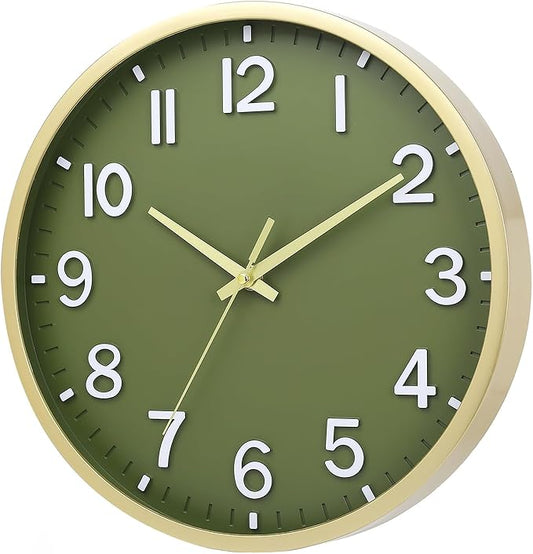 Wall Clocks Battery Operated 10 inch Modern Wall Clock,Silent Non Ticking Wall Clock for Living Room Bedroom Kitchen Office Classroom Decor (Green Gold)