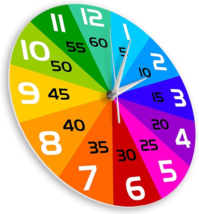 Rainbow Color Wheel Learning Clock, 12'' Telling Time Teaching Clock for Kids Analog Classroom Wall Clock Silent Movement Battery Operated for School Classroom Students Back to School Gifts