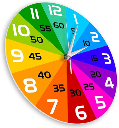 Rainbow Color Wheel Learning Clock, 12'' Telling Time Teaching Clock for Kids Analog Classroom Wall Clock Silent Movement Battery Operated for School Classroom Students Back to School Gifts